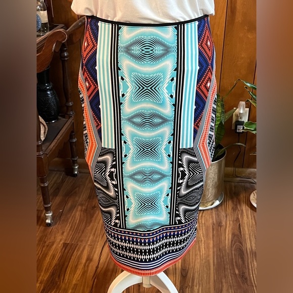 🛍️BISOU BISOU Black, teal multi graphic stretchy pencil skirt size M. - Picture 3 of 9